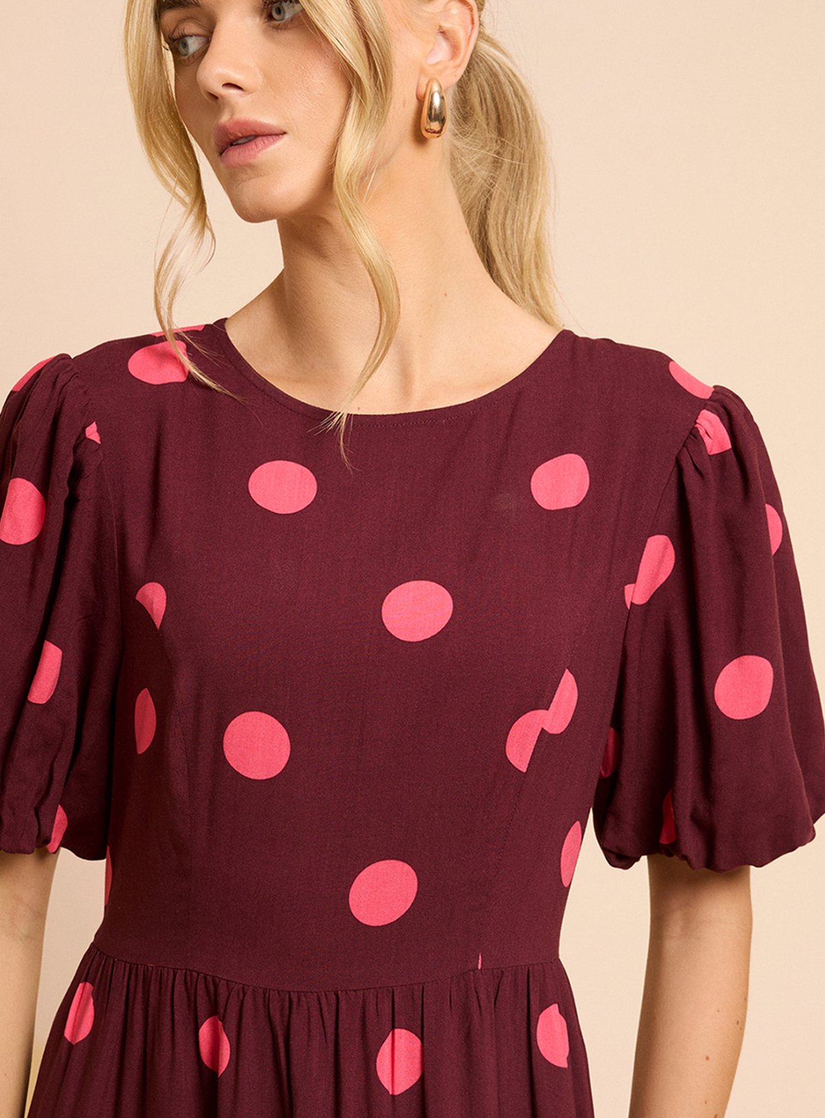 DOROTHY PERKINS Spot Puff Sleeve Dropped Waist Spot Mix Midi Dress 8 - Image 2 thumbnail